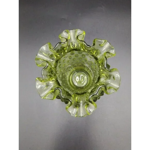 Vintage Fenton Green Glass Hobnail Vase Bowl Ruffled Edge  Candy Dish - Picture 4 of 4